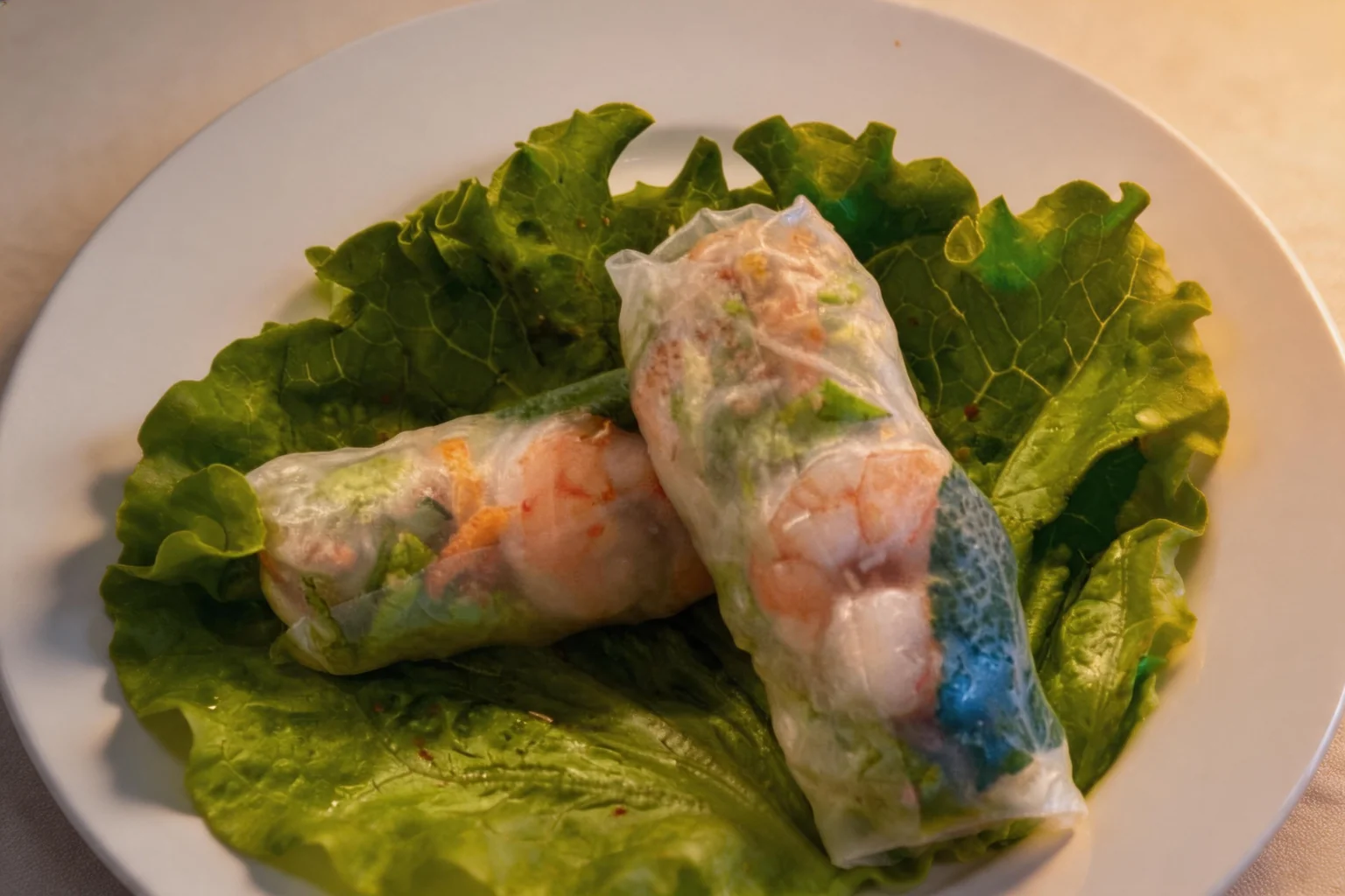 Rouleaux de printemps aux crevettes sur une feuille de salade